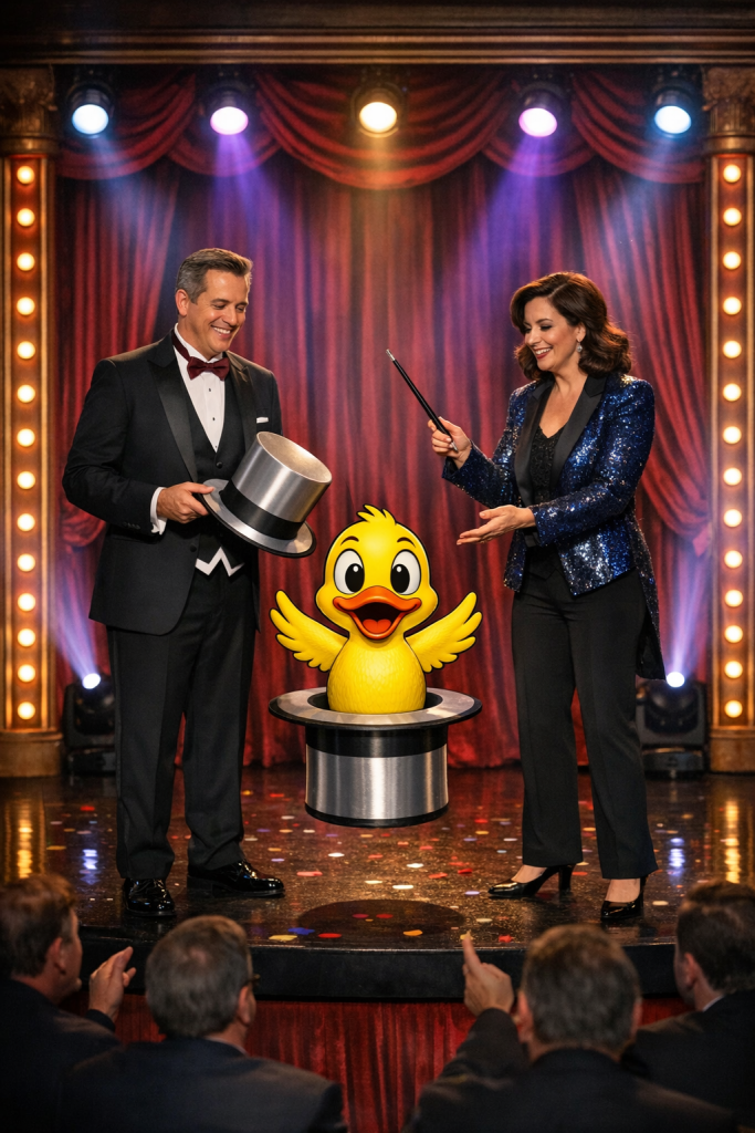 An image of two magicians (one male and one female) performing a magic trick with a cartoon duck. The two people are on a stage with bright lights above. There are a few audience members seen at the bottom. There is a magicians hat floating in the middle with the duck coming out of it and the guy is holding another magicians hat as well. The lady is holding a wand.