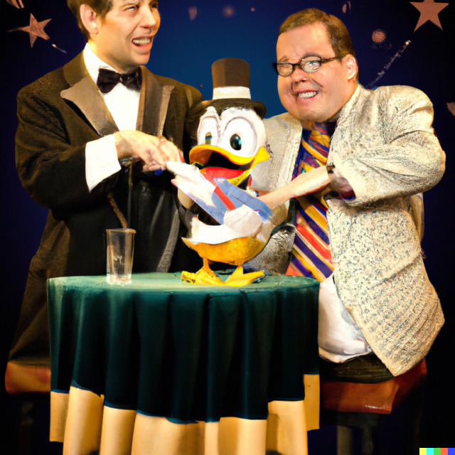 An image showing two guys on stage with a photo-realistic looking cartoon duck on the table. The faces of the two guys are distorted. Their hands are shaped weirdly. The duck that is supposed to resemble Donald Duck has a top hat. There are starts on the wall in the background that look weird.